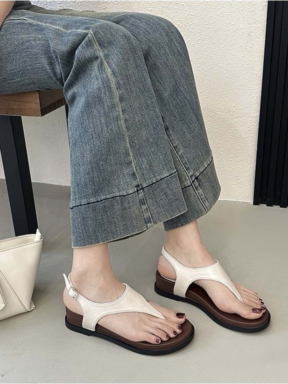 YNS Generic White and Brown Leather T-Strap Flat Sandals